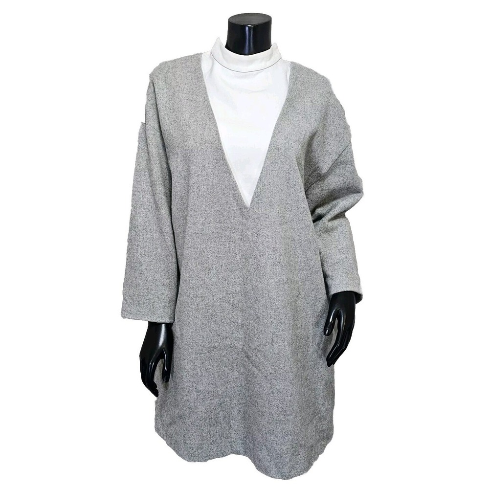 Enfold Dress 36 Wool Oversized Mock Neck Deep V White Cutout Long Sleeve